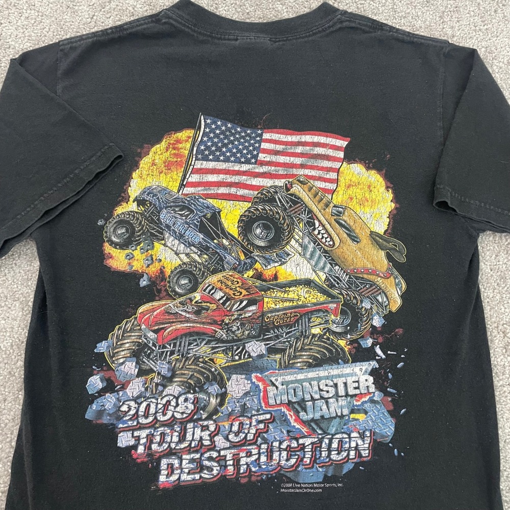 Vintage Monster Jam T-Shirt Mens Small 2008 Tour of Destruction Anvil Black Y2K